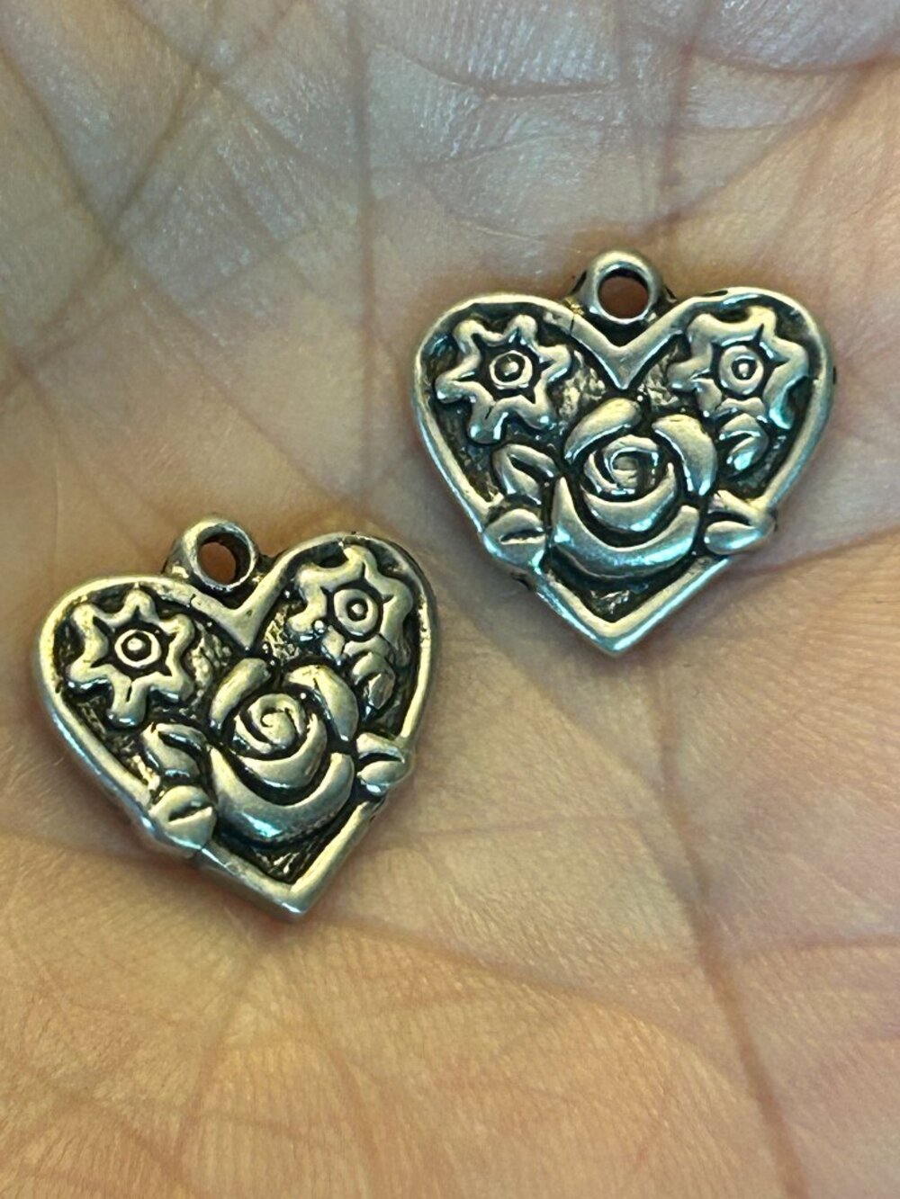 Vintage Sterling Silver Rose Design Heart Earrings
